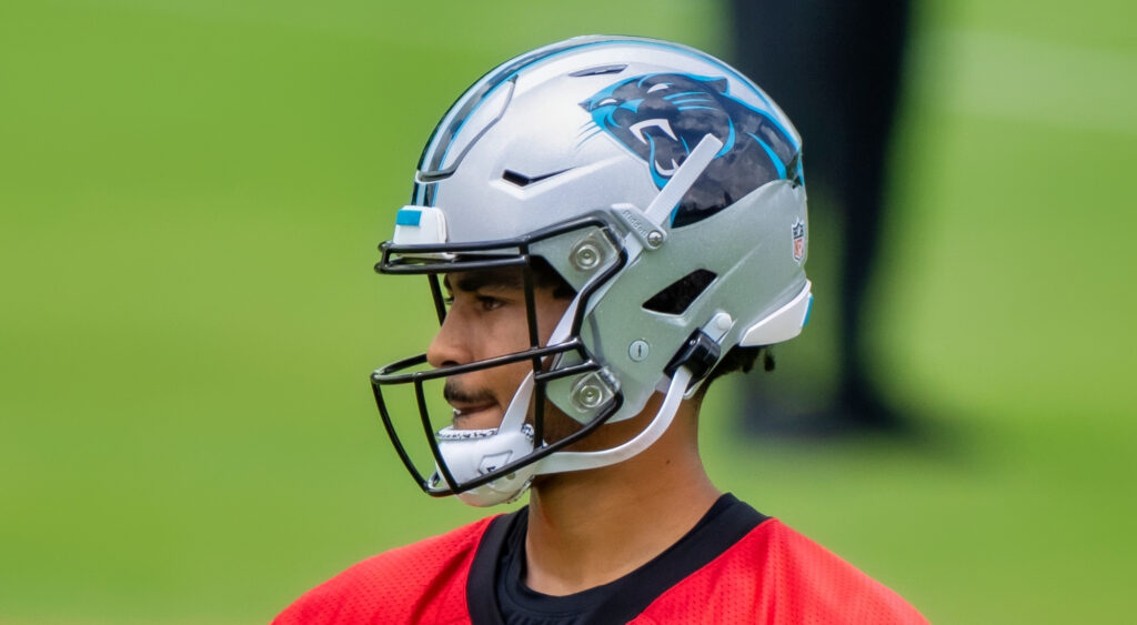 Carolina Panthers' quarterback Bryce Young looking on at a practice.