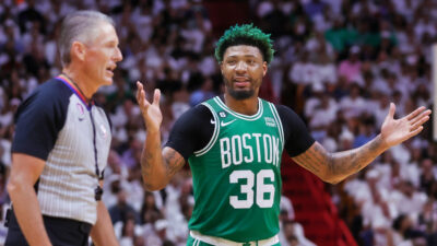 Marcus Smart remonstrating with referee Scott Foster