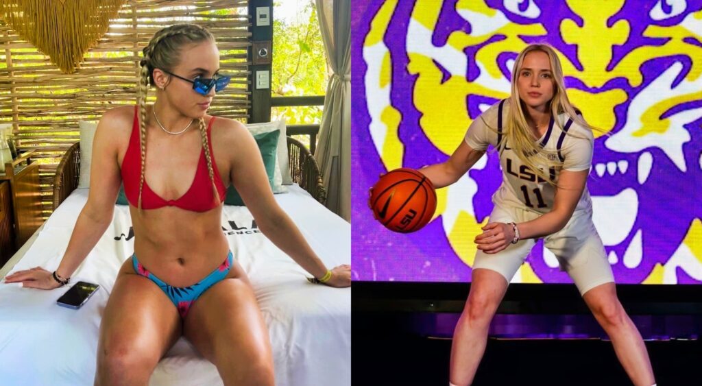 Split image of Hailey Van Lith in a swimsuit on a cabana bed and Hailey dribbling a basketball in her LSU uniform.