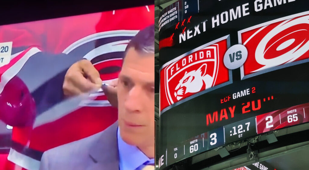 Photo of fan with small package at NHL game and photo of scoreboard at Hurricanes vs. Panthers game
