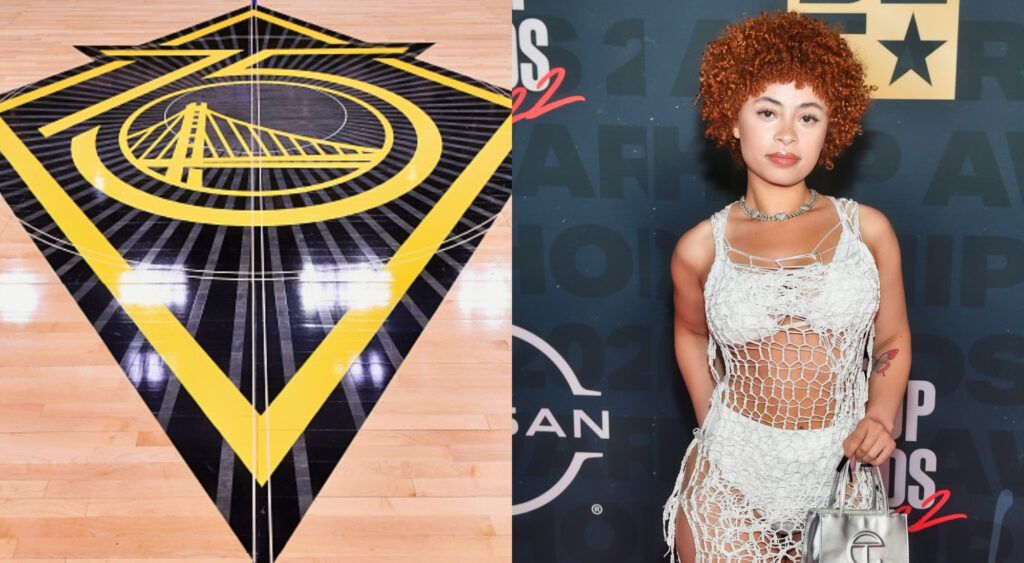 Photo of Warriors logo on NBA floor and photo of Ice Spice posing in see-through clothing