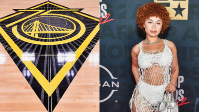 Photo of Warriors logo on NBA floor and photo of Ice Spice posing in see-through clothing