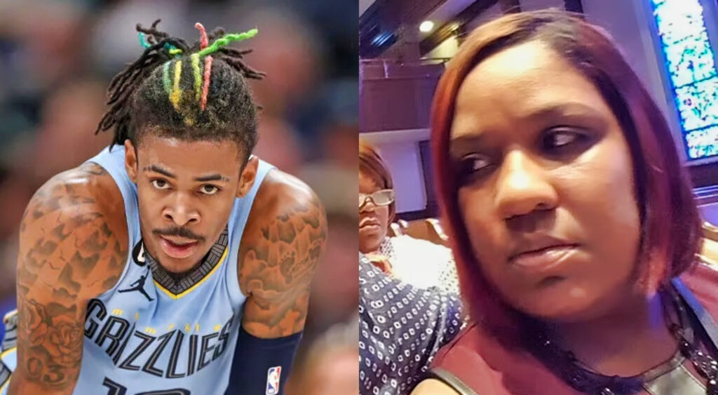 Photo of Ja Morant in a Grizzlies uniform and close-up of Ja Morant's mother Jamie Morant