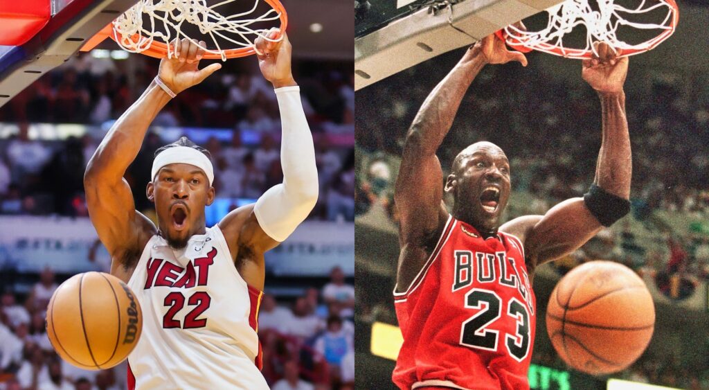 Split image of Jimmy Butler and Michael Jordan both dunking.