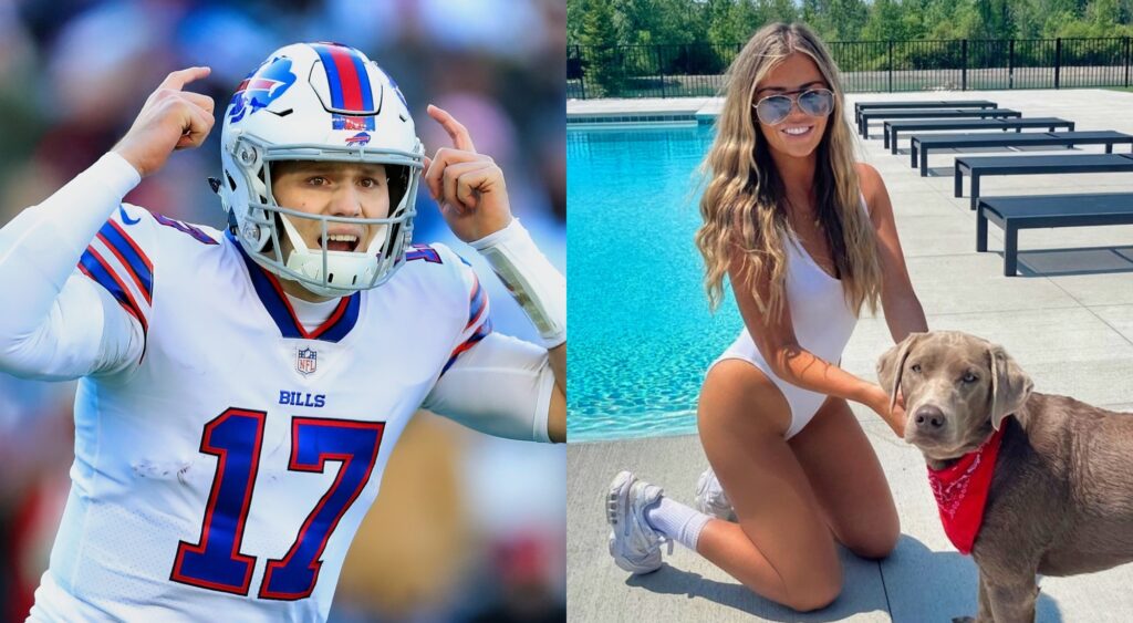 Split image of Josh Allen calling a play at the line of scrimmage and Brittany Williams in a swimsuit playing with a dog.