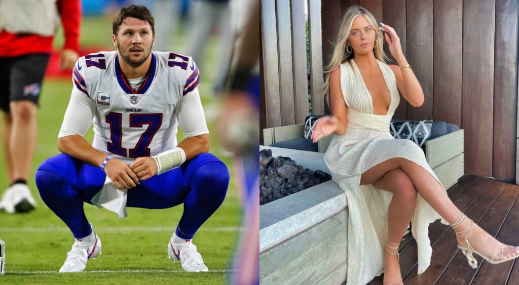 Split image of Josh Allen crouching down and Brittany Williams sitting in a white dress.