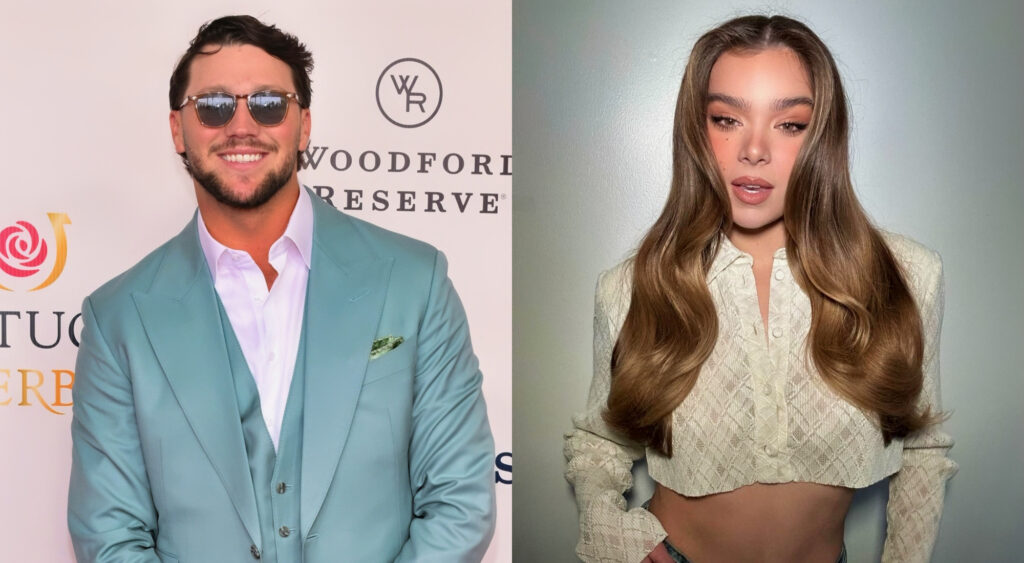 Photo of Josh Allen in suit and shades and photo of Hailee Steinfeld in classy crop top