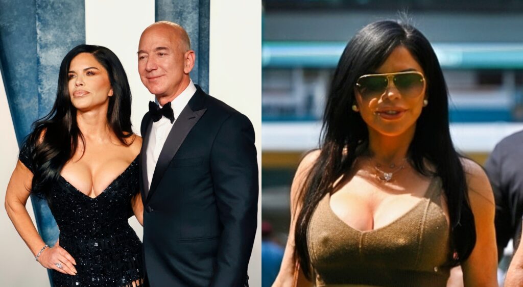 Split image of Jeff Bezos and Lauren Sanchez on the red carpet and Lauren at the Miami Grand Prix.