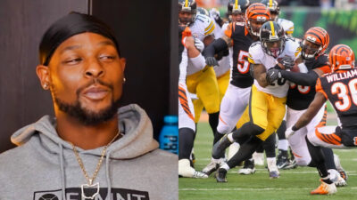 Photo of Le'Veon Bell speaking on podcast and photo of Le'Veon Bell getting tackled