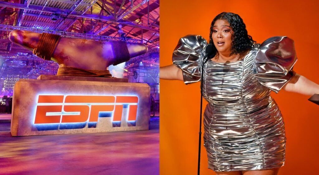 Split image of ESPN's logo and Lizzo holding her arms out while speaking on stage.