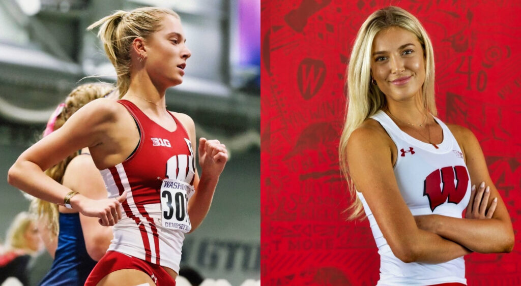 Photo of Lucinda Crouch on the track and photo of Lucinda Crouch posing in front of a red background