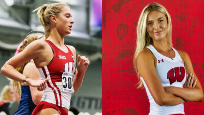 Photo of Lucinda Crouch on the track and photo of Lucinda Crouch posing in front of a red background