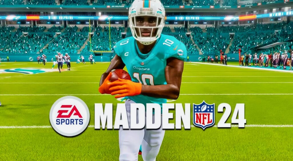 Tyreek Hill's Madden character in running with the ball and the Madden 24 logo across the screen.