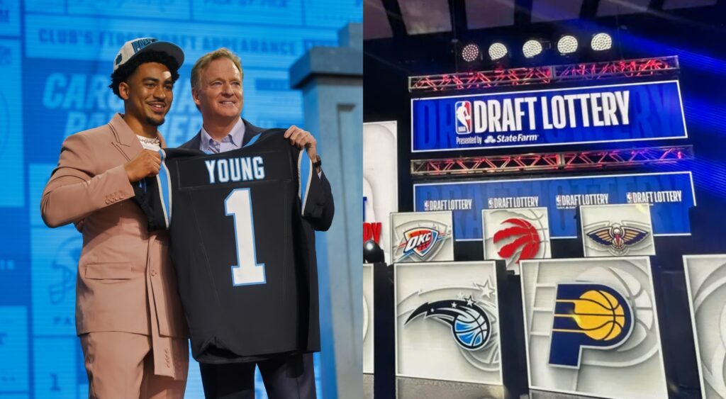 Split image of the NFL Draft bryce young and the NBA Draft Lottery Stage.