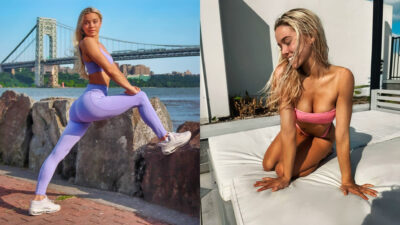 Photo of Olivia Dunne in training outfit and photo of Olivia Dunne in swimsuit