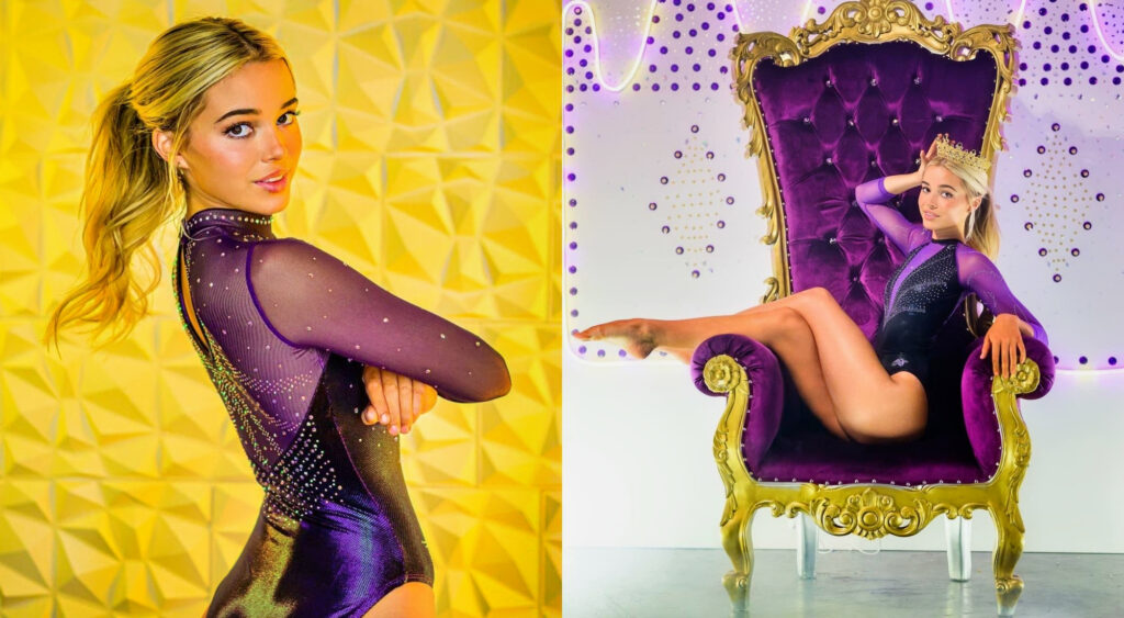Photo of Olivia Dunne in front of yellow background and photo of Olivia Dunne posing on a throne