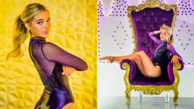 Photo of Olivia Dunne in front of yellow background and photo of Olivia Dunne posing on a throne