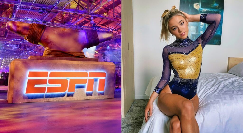 split image of ESPN logo and Olivia Dunne posing on a bed in her LSU leotard.