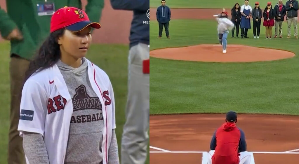 Photos of Olivia Pichardo about to throw first pitch at MLB game