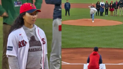 Photos of Olivia Pichardo about to throw first pitch at MLB game