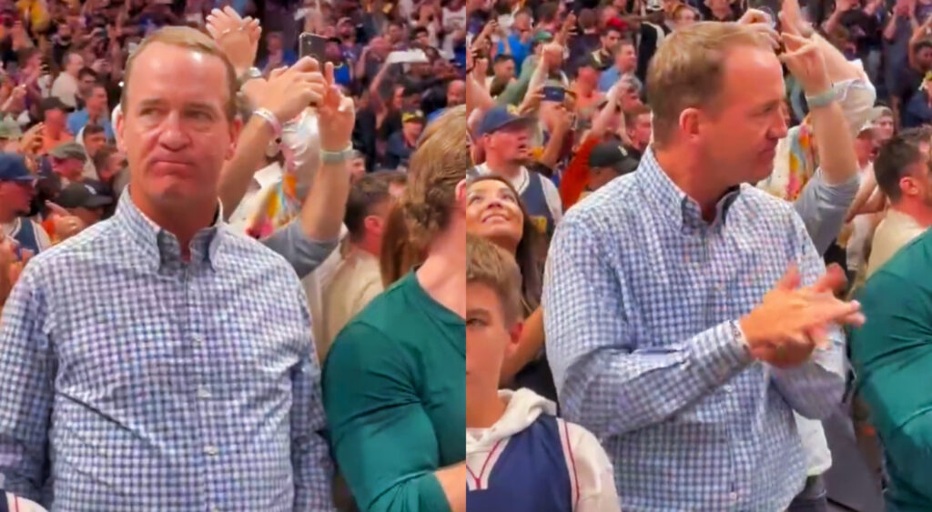 Photos of Peyton Manning reacting at NBA playoff game