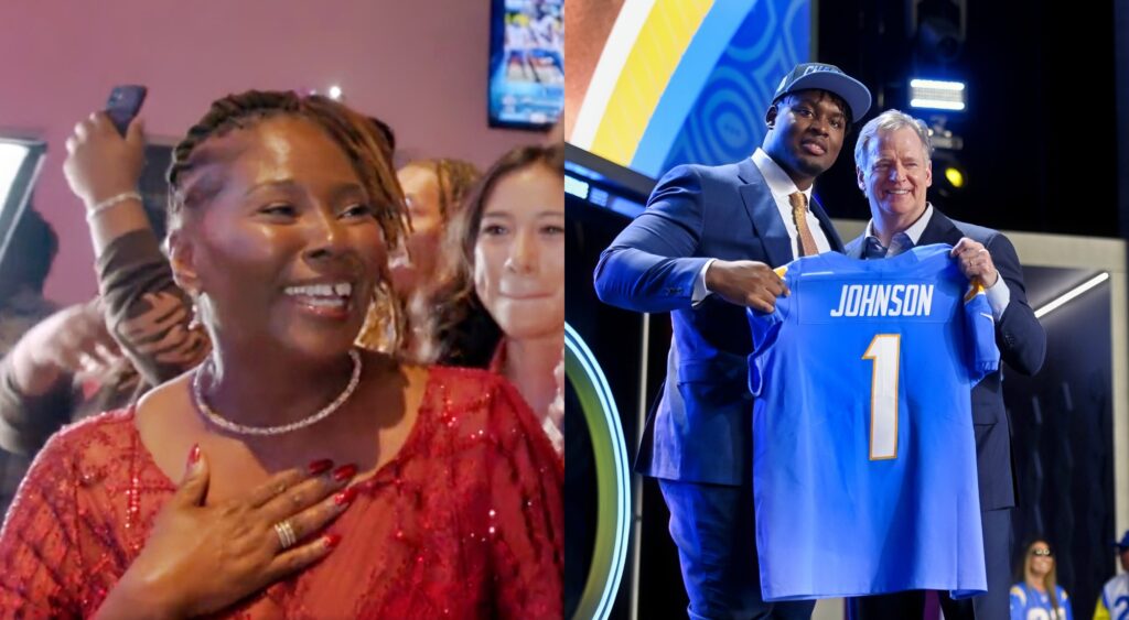 Split image of Quentin Johnston's mom reacting happily to him being drafted, and Johnston receiving his Chargers jersey from Roger Goodell on the stage.
