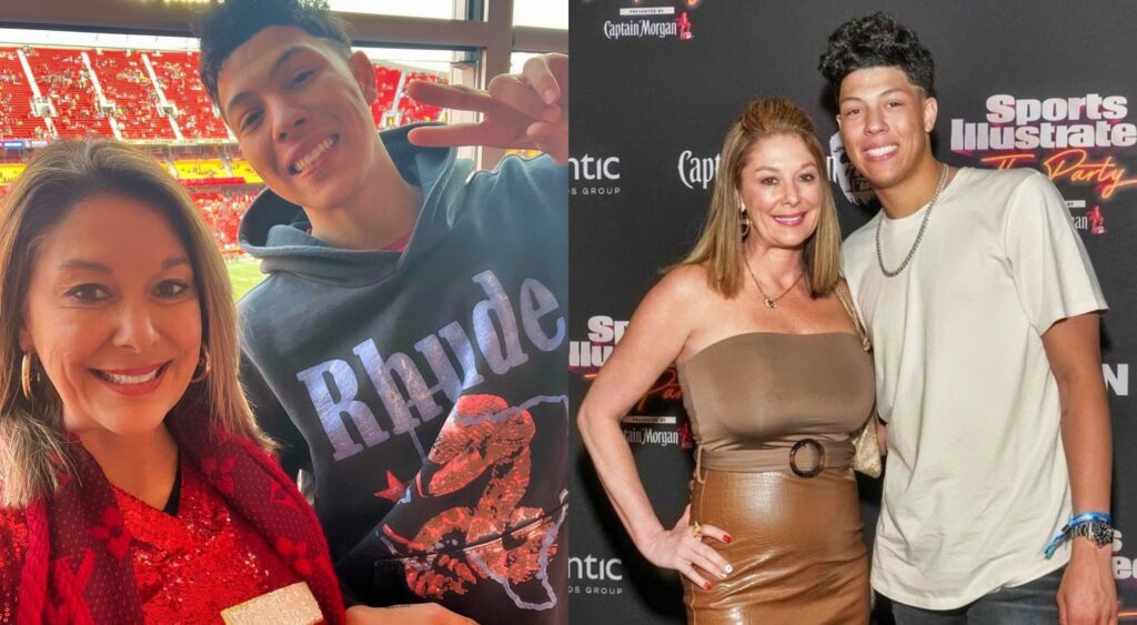 Split image of Randi and Jackson Mahomes taking a selfie at a Chiefs game, and the pair posing on the red carpet at an event.