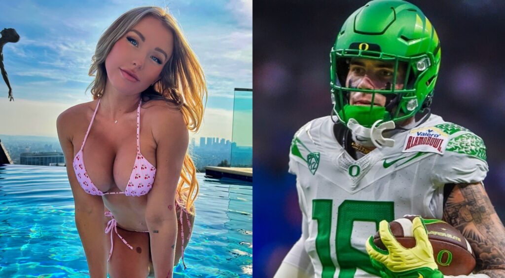 Split image of Kelly Kay in a bikini at the pool and Spencer Webb carrying the ball during a game.