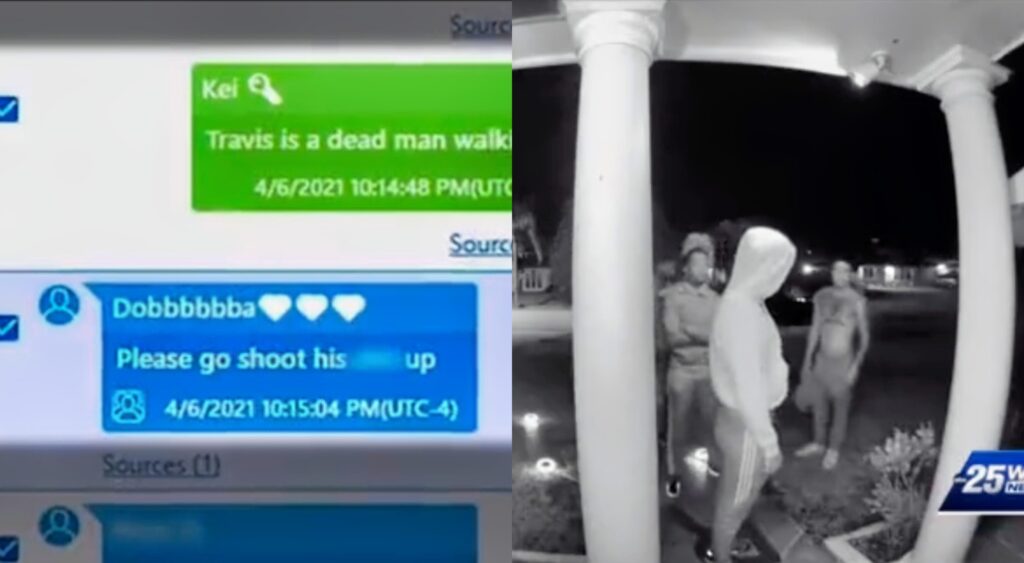 Split image of text messages and a front doorbell video with men standing outside.