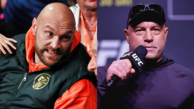 Photo of Tyson leaning in and photo of Joe Rogan speaking into a mic