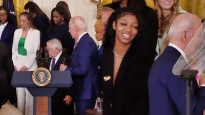 Photo of Joe Biden among LSU basketball players and photo of Angel Reese next to Joe Biden