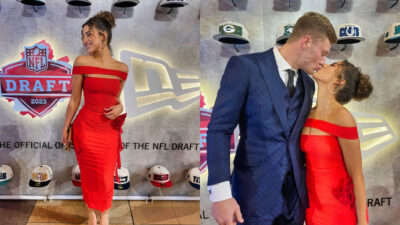 Photo of Gia Duddy in red dress and photo of Will Levis and Gia Duddy kissing
