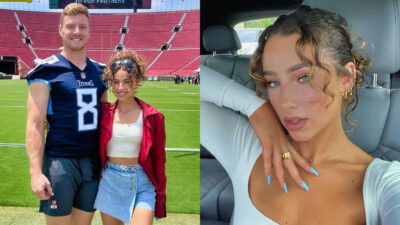 Photo of Will Levis and Gia Duddy on a football field and photo of Gia Duddy car selfie
