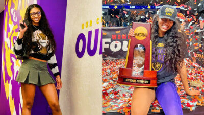 Angel reese posing in skirt while picture shows her posing with National championship trophy