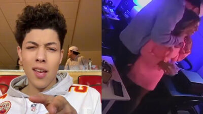 Jackson Mahomes in Chiefs gear and kissing woman