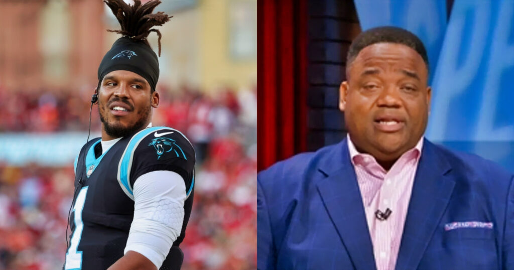 Cam Newton in Panthers uniform. Jason whitlock in suit