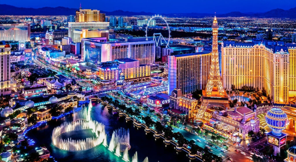 Las Vegas strip aerial photo.