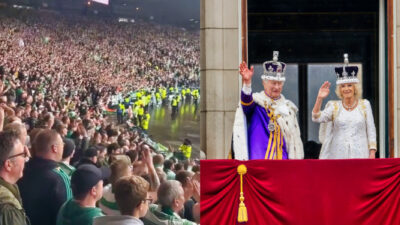 Scottish soccer fasn in crowd. King Charles III