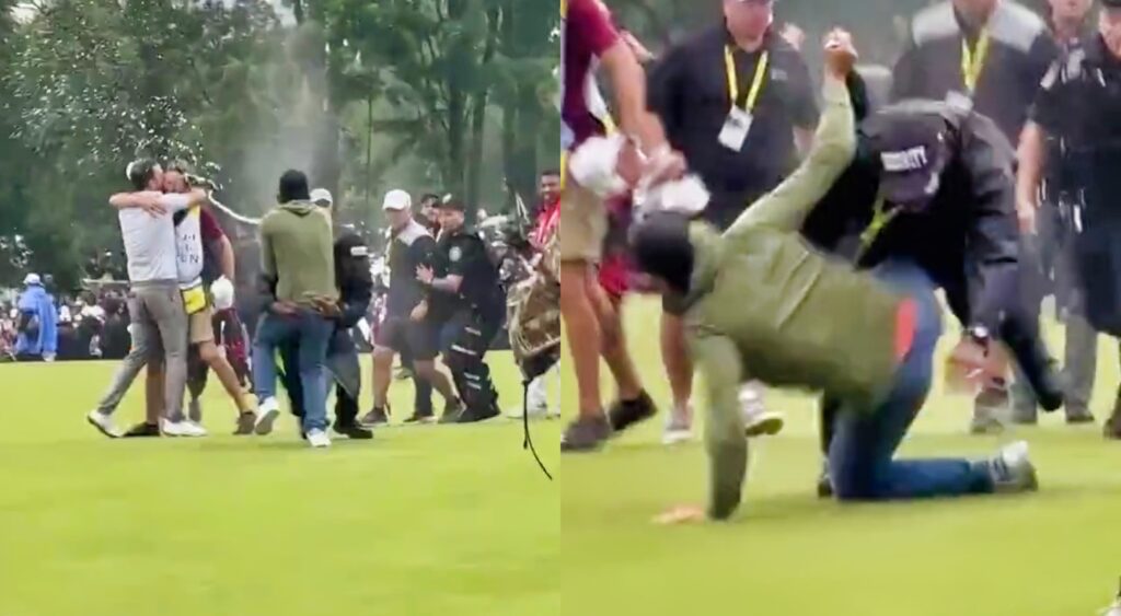 Split image of Adam Hadwin getting tackled by security at the Canadian Open.