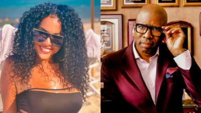Photo of Aline Bernades at the beach and photo of Kenny Smith holding his glasses