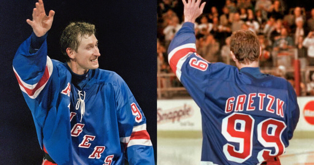 Wayne Gretzky final game waving goodbye in final rangers jersey.