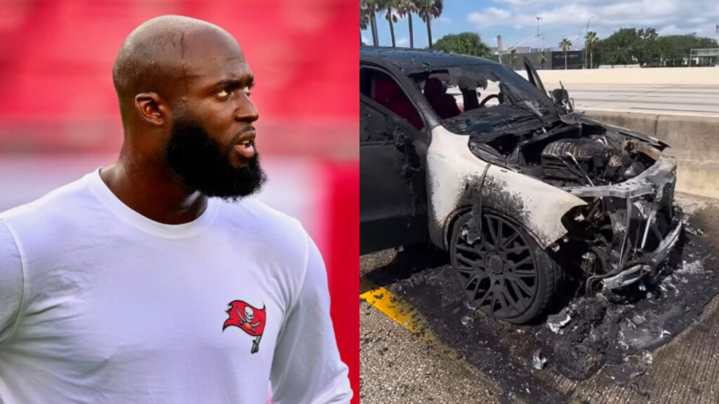 Leonard Fournette sweating with Bucs gear on and his burned truck.