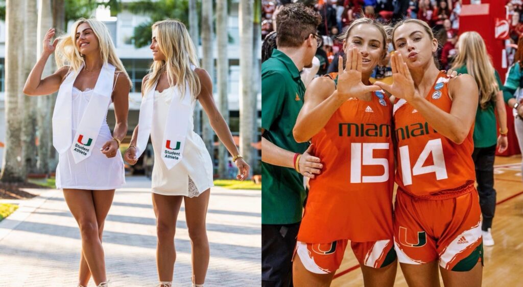 The Cavinder Twins pose together after graduation, and after a Miami U basketball game.