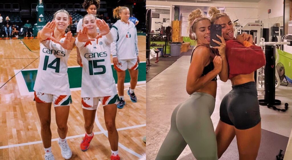 Split image of the Cavinder Twins after a game and after a workout.