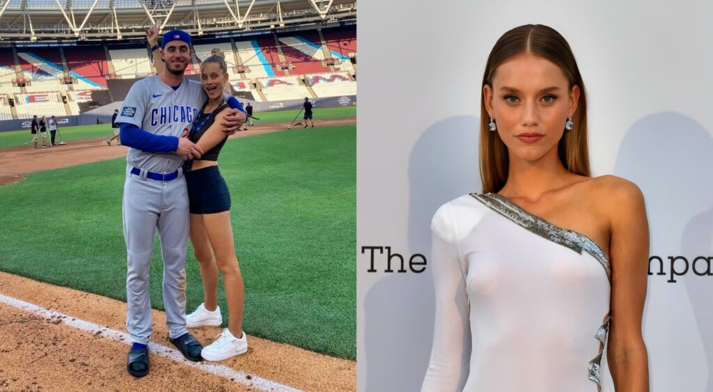 Soplit image of Cody Bellinger and Chase Carter hugging on the field and Chase Carter posing for the camera at a red carpet event.