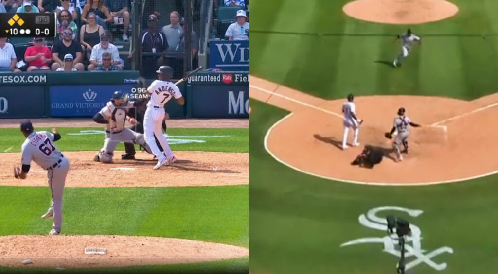 Tim Anderson of Chicago White Sox getting away from pitch (left). Detroit Tigers players looking for baseball (right).