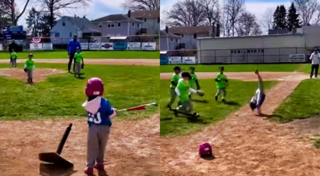 Girl in tee-ball hits the ball (left). Girl cartwheeling her way to first base (right).
