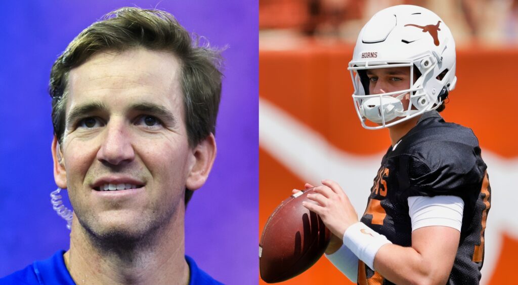 Eli Manning looking on (left). Arch Manning holding football (right).