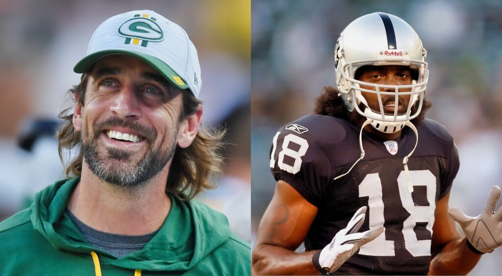 Green Bay Packers quarterback Aaron Rodgers looking on (left). Randy Moss of Oakland Raiders looking on (right).