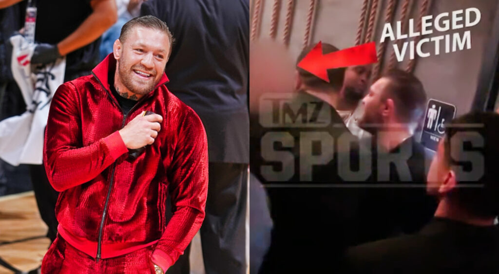 Photo of Conor McGregor in red outfit and still of Conor McGregor outside of Miami Heat restroom